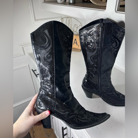 Helen’s Heart Black Sequin Western Boots Women’s 8 Pointed Toe Rhinestone Cowboy - Picture 7 of 8